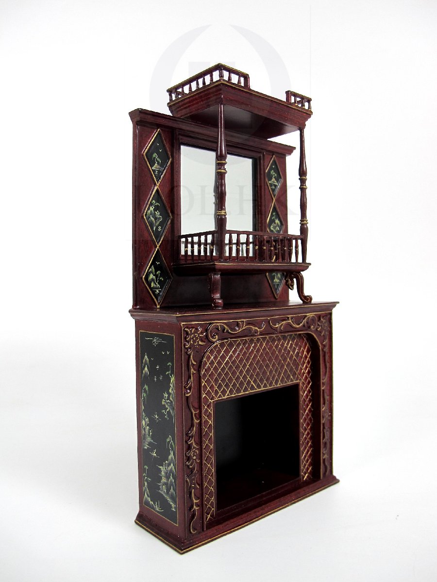 Dollhouse Handpainted Fireplace Finished In Mahogany