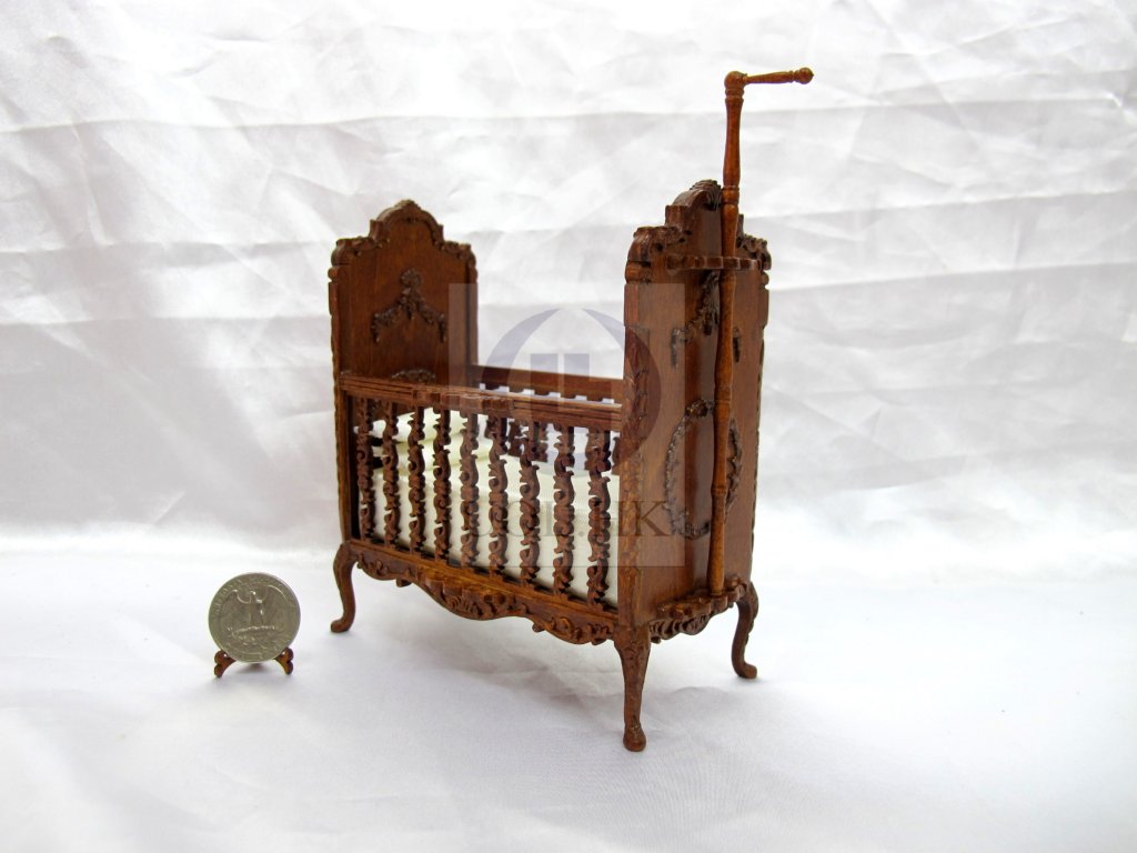 Miniature 1:12 Scale Doll House Wood Carved Crib [Walnut]