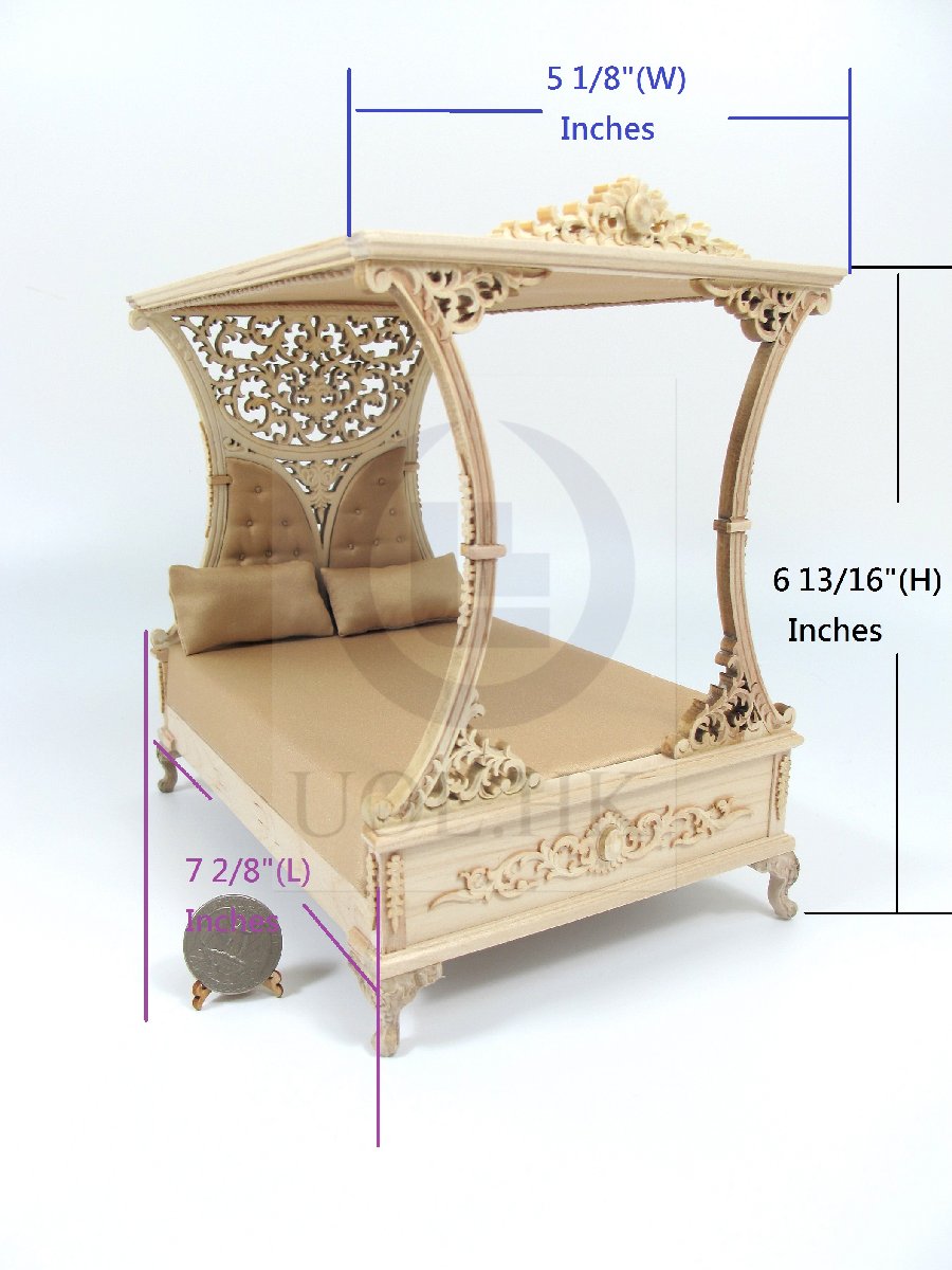 1" Scale Miniature Luxurious Canopy Bed For Doll House-Unpainted
